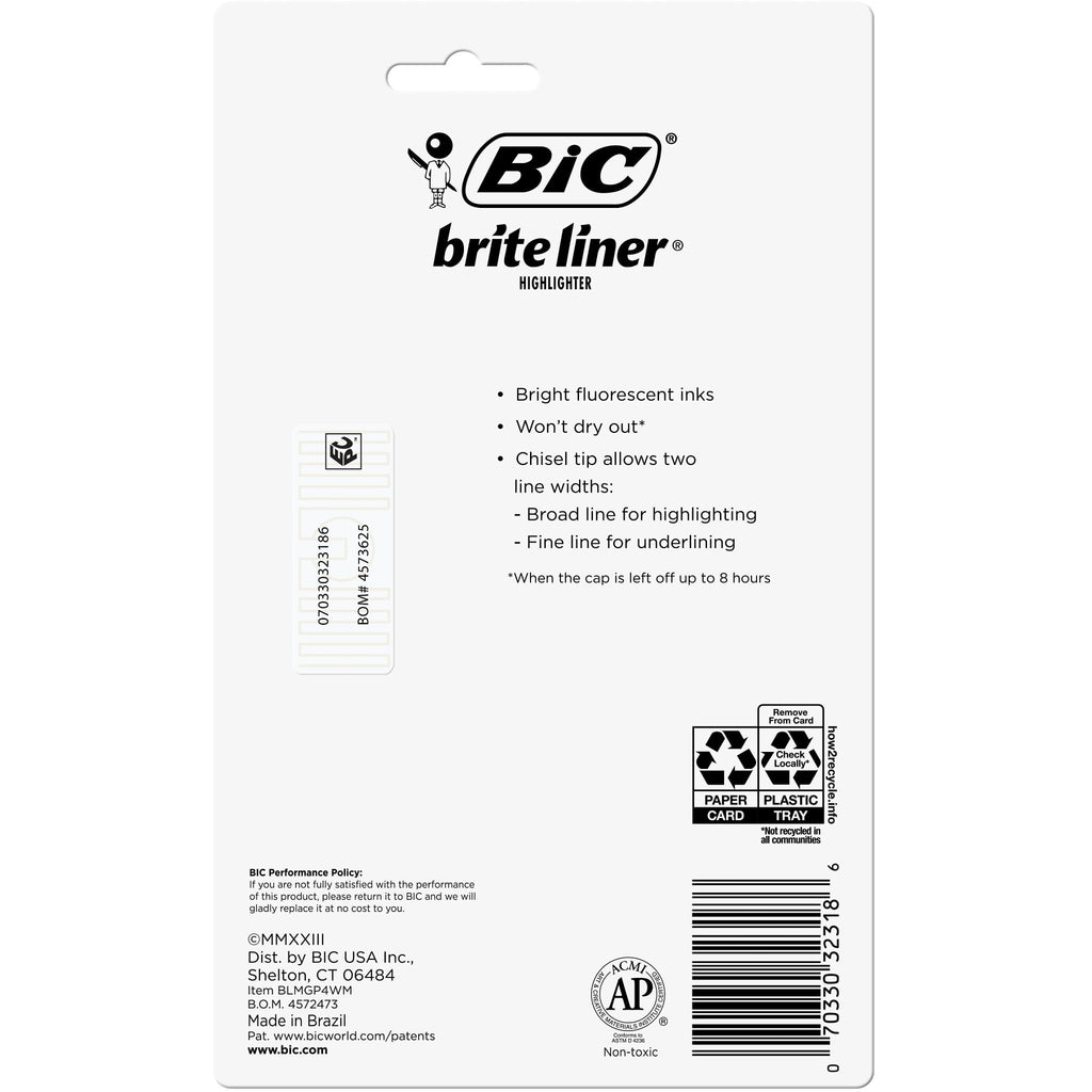 BIC Brite Liner Highlighter, Chisel Point, Assorted Colors, 4 Count