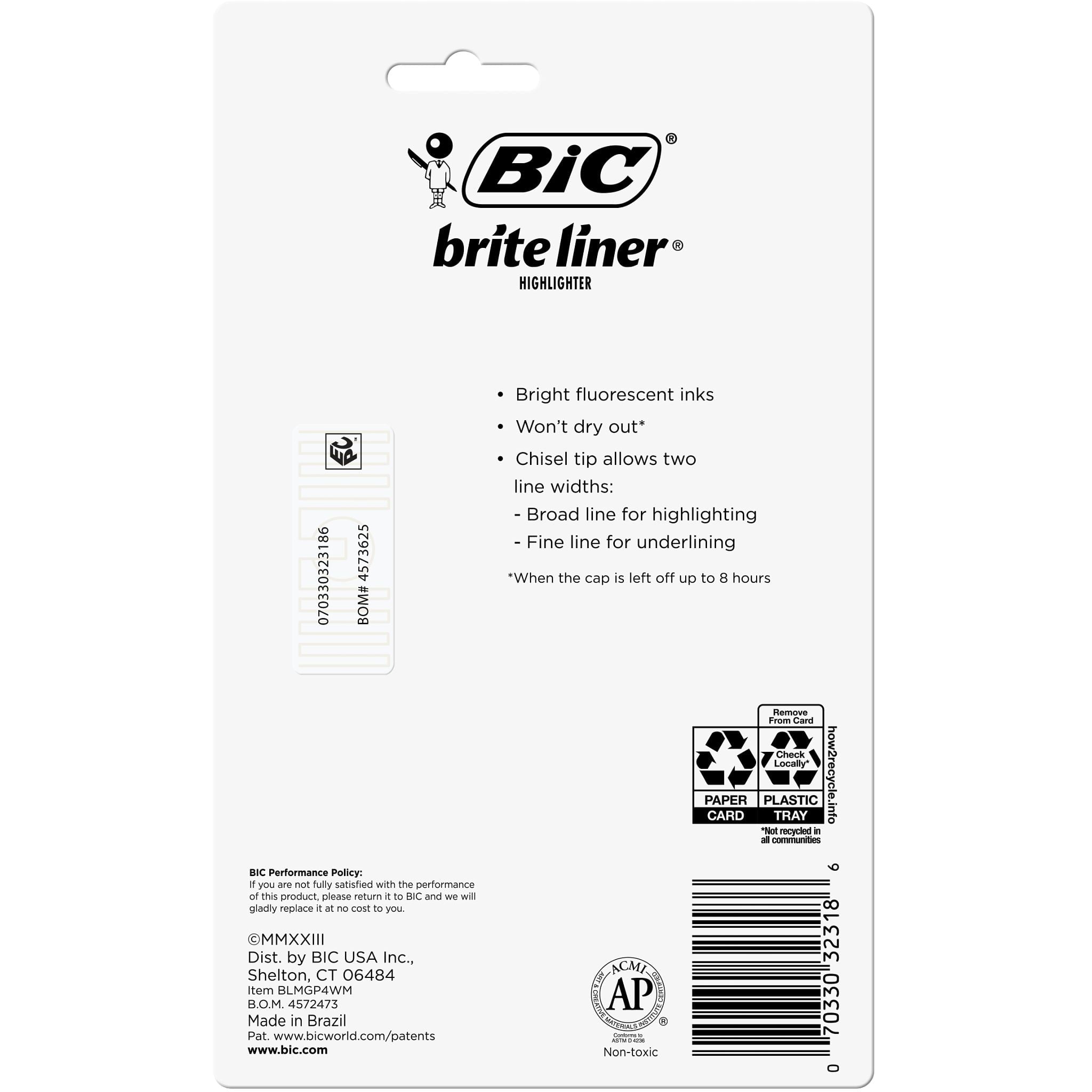 BIC Brite Liner Highlighter, Chisel Point, Assorted Colors, 4 Count