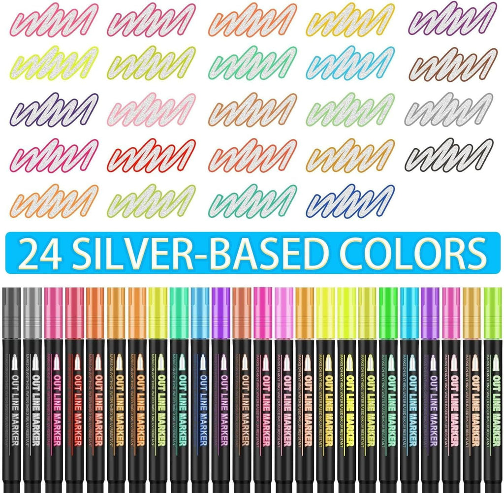 24 Colors Double Line Outline Markers ，SFBOSF Super Squiggles Glitter Markers Self Outline Metallic Markers, Doodle Shimmer Markers