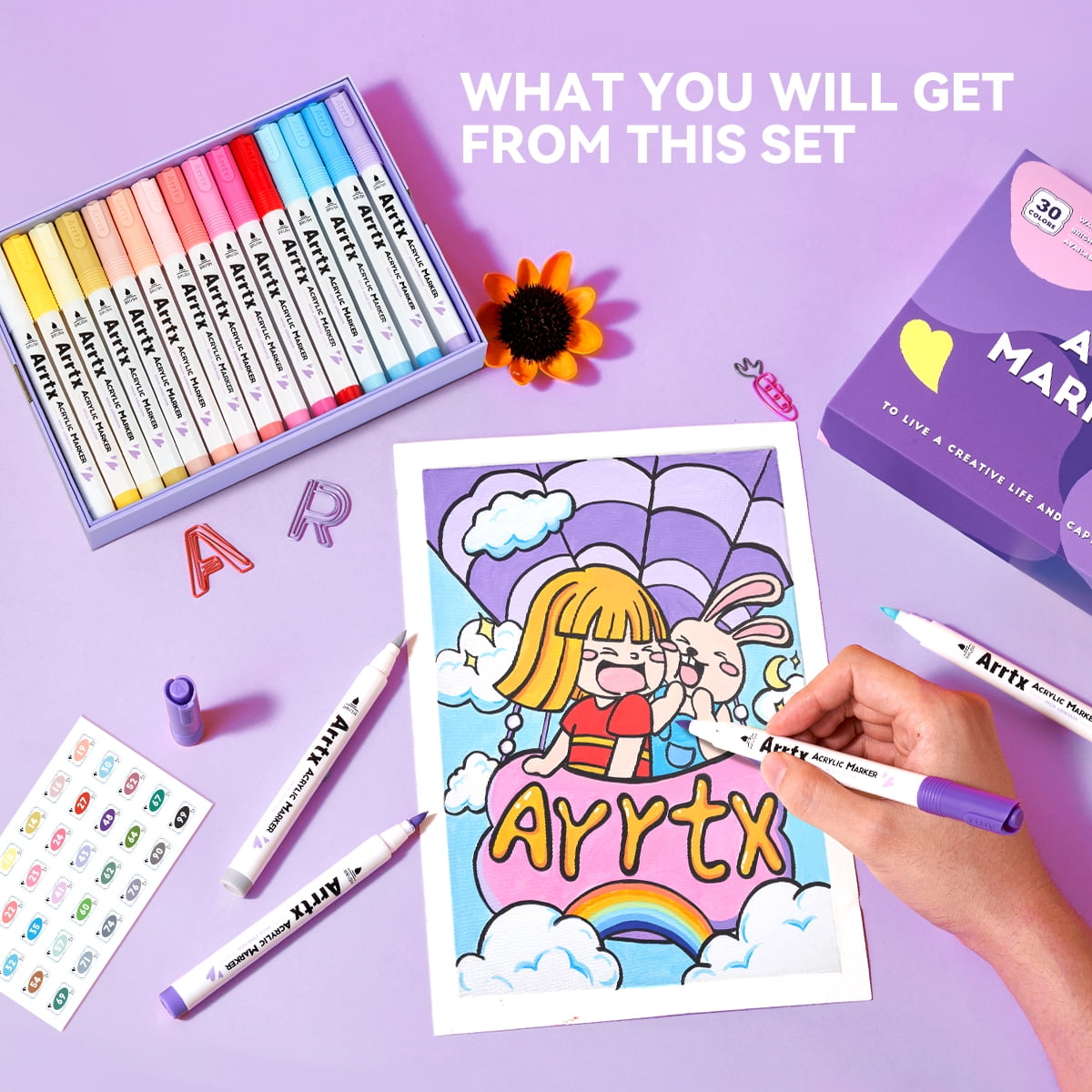 Arrtx 30 Colors Acrylic Paint Pens for Rock Painting, Extra Brush Tip, Water Based Paint Markers for Stone, Craft DIY, Easter Egg, Wood, Glass and More