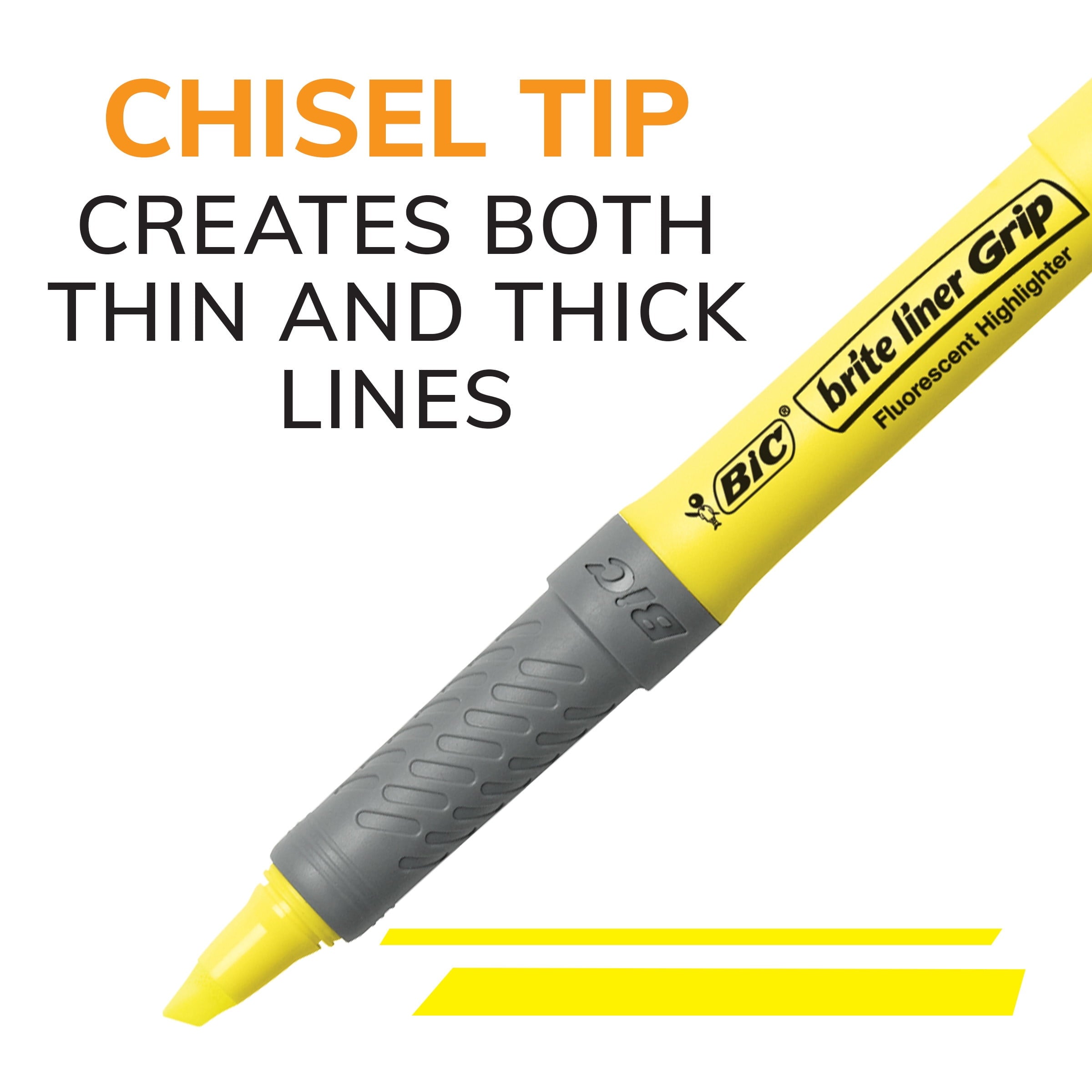 BIC Brite Liner Grip Yellow Highlighter, Chisel Tip, Yellow, Non-Toxic, 5-Pack
