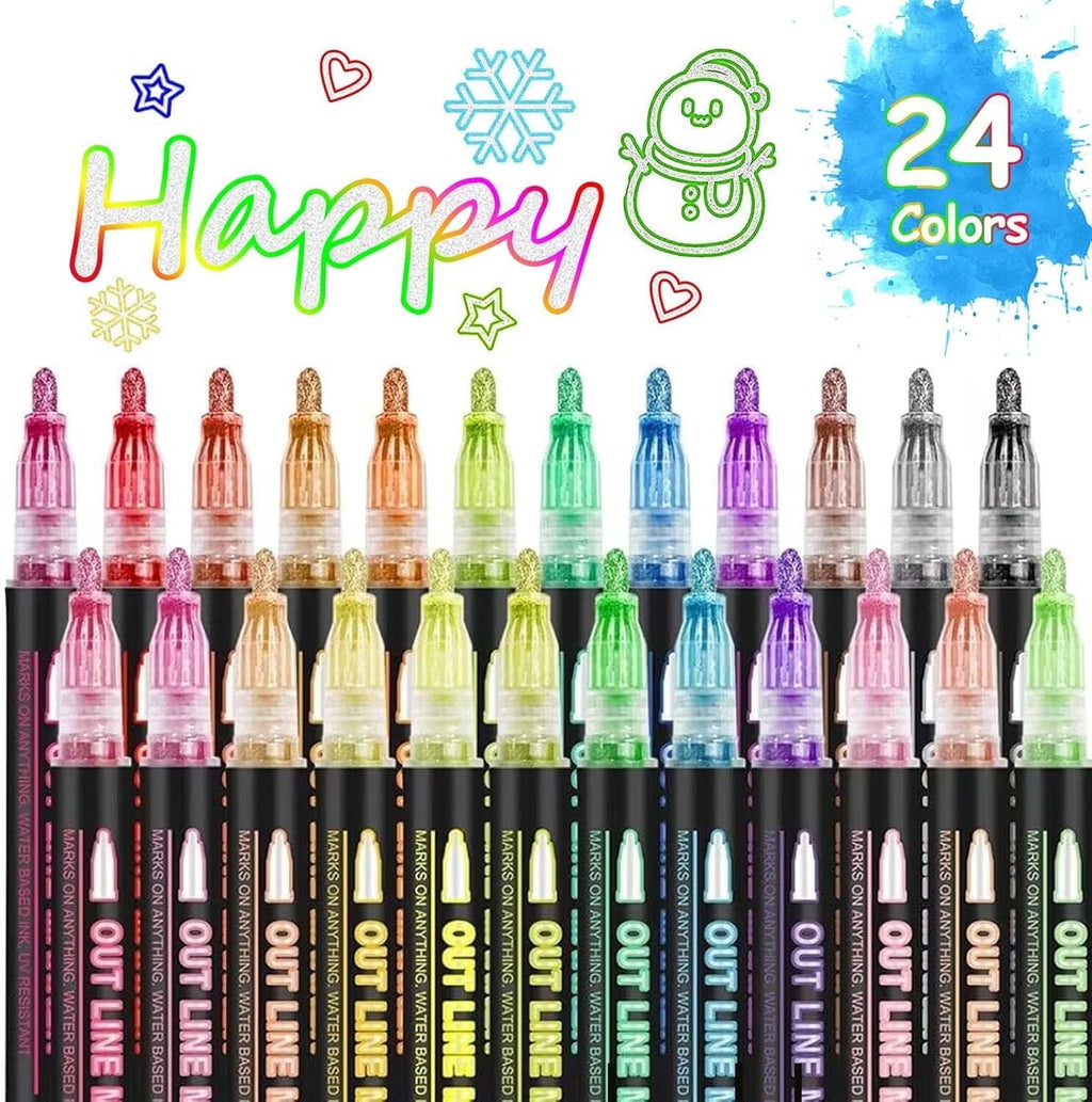 24 Colors Double Line Outline Markers ，SFBOSF Super Squiggles Glitter Markers Self Outline Metallic Markers, Doodle Shimmer Markers