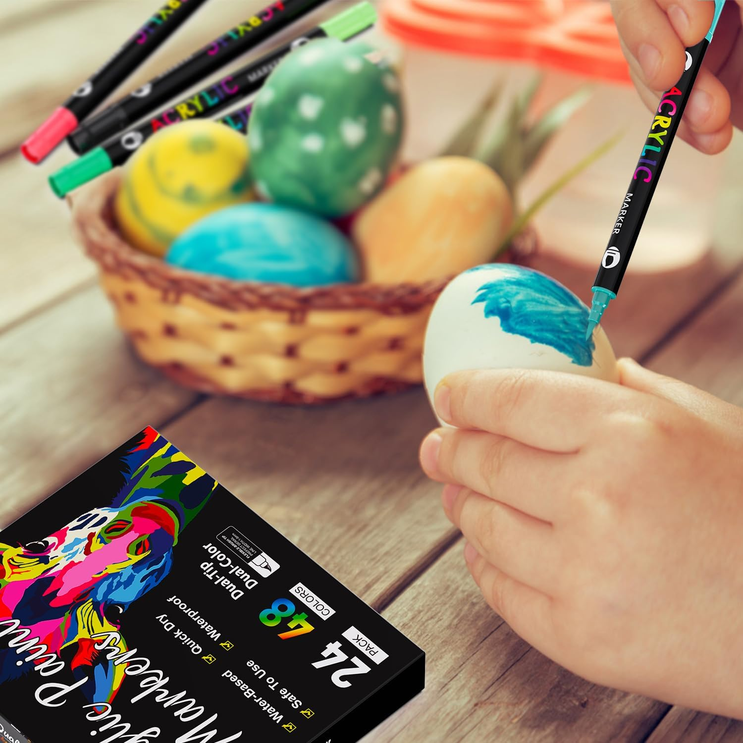 Acrylic Paint Markers, 24 Pcs 48 Colors Dual Tip Dual Color Acrylic Markers, Tooli Art Acrylic Paint Pens for Stone, Wood, Calligraphy, Canvas, Ceramic, Metal, Glass, Rock Painting, DIY Crafts