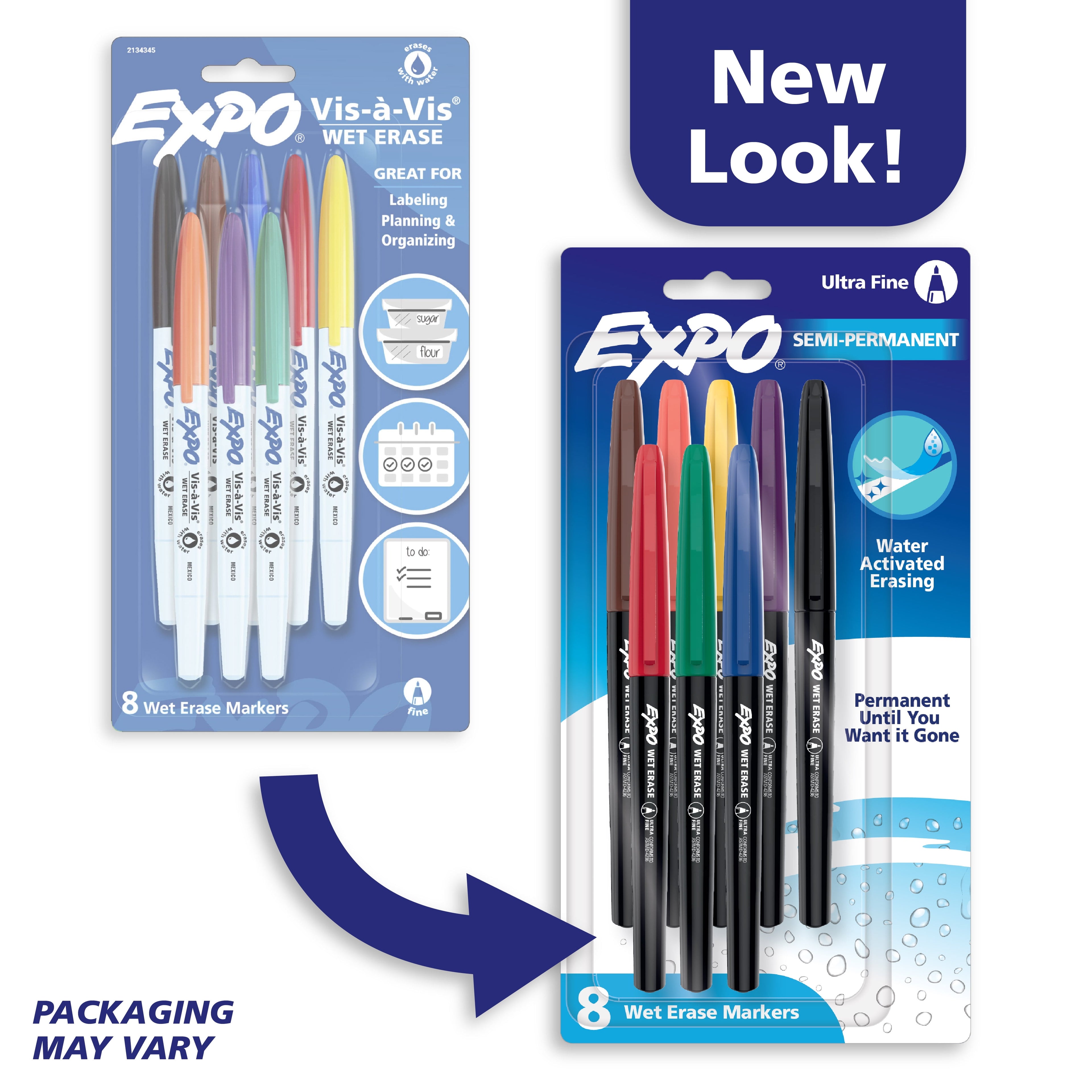 Expo Wet Erase Semi-Permanent Markers, Assorted, Ultra Fine Tip, 8 Count