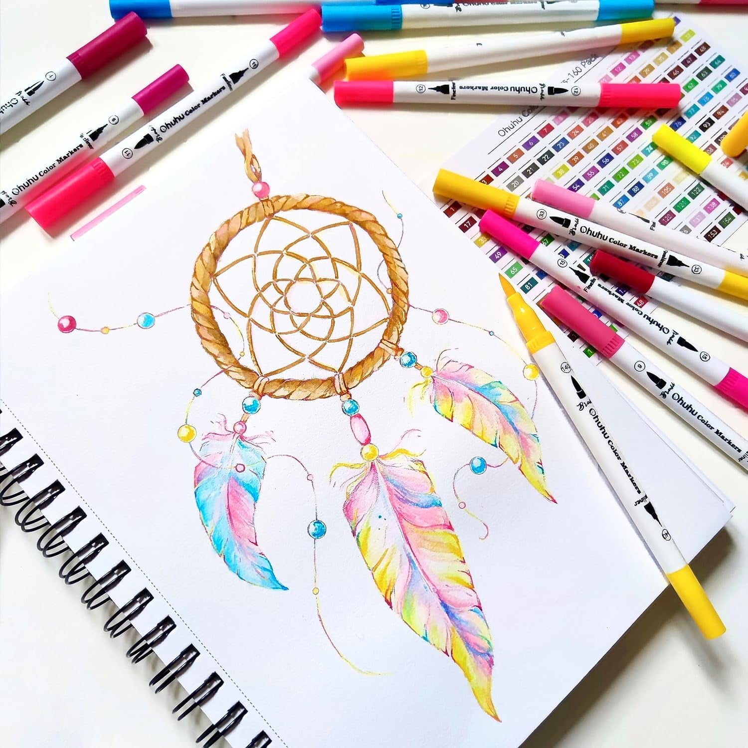 Ohuhu 60-Color Water-Based Markers, Dual Tips (Fineliner & Brush), No Bleeding, for Adults - Maui