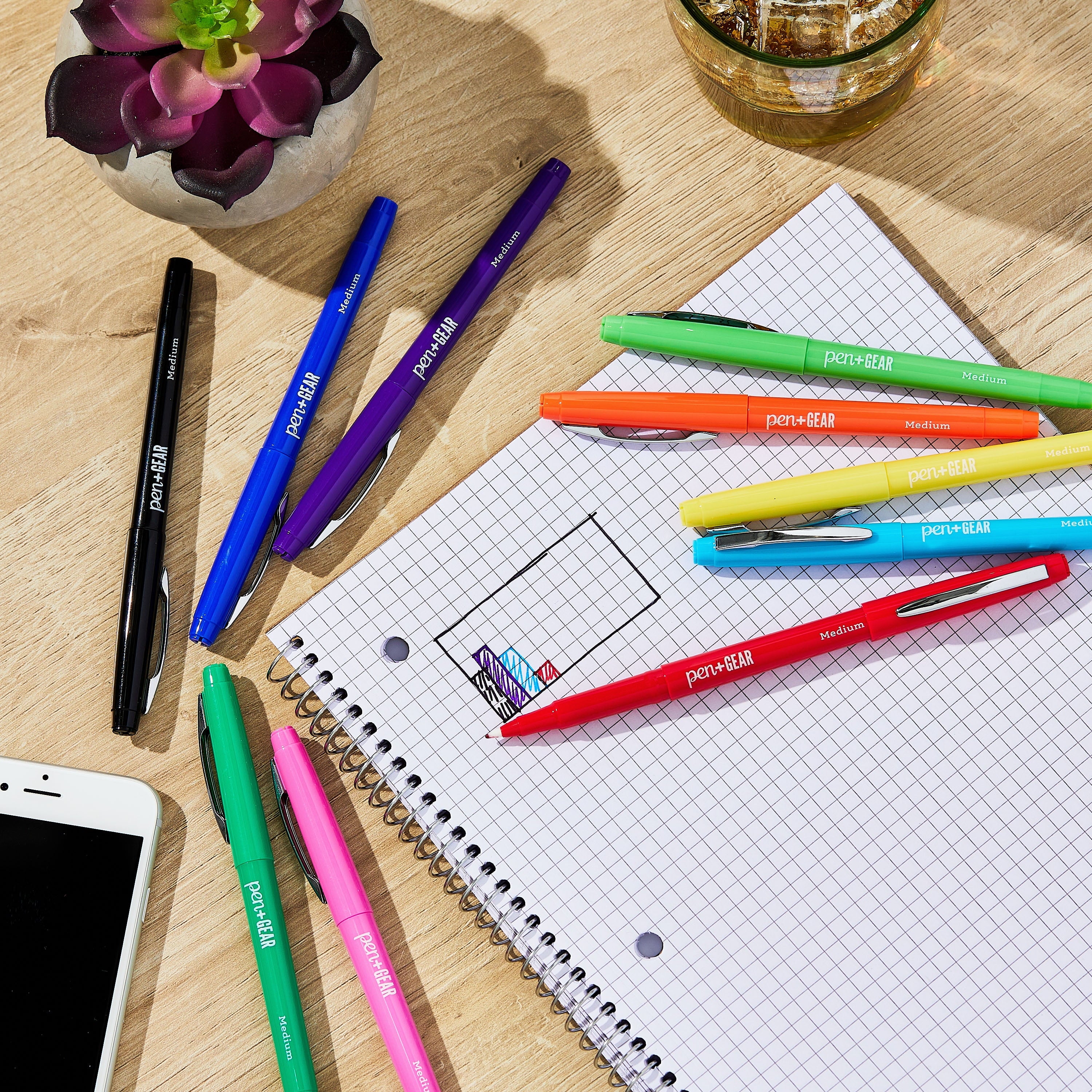 Pen+Gear Felt Tip Markers, Medium Tip, Assorted Colors, 10 Count