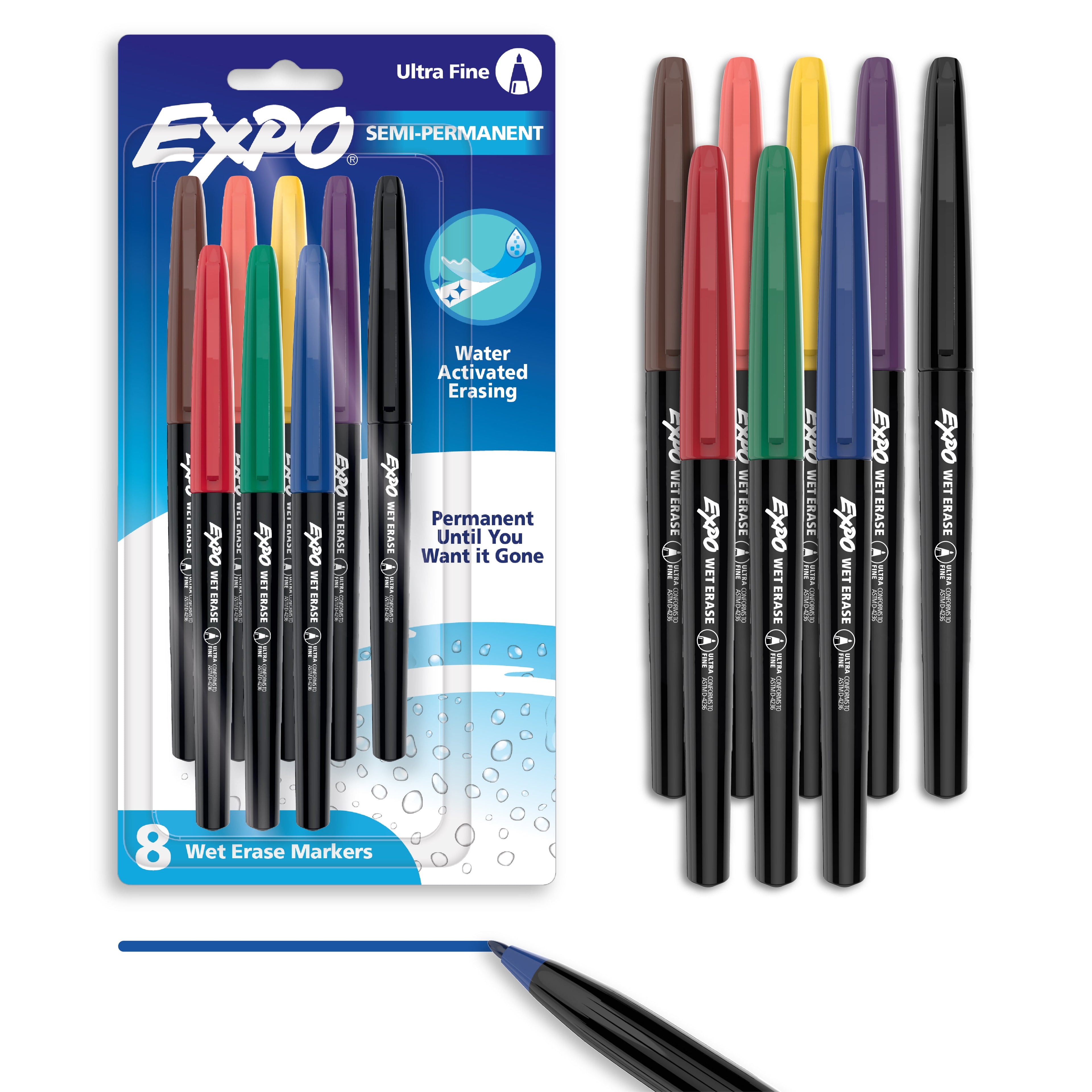Expo Wet Erase Semi-Permanent Markers, Assorted, Ultra Fine Tip, 8 Count