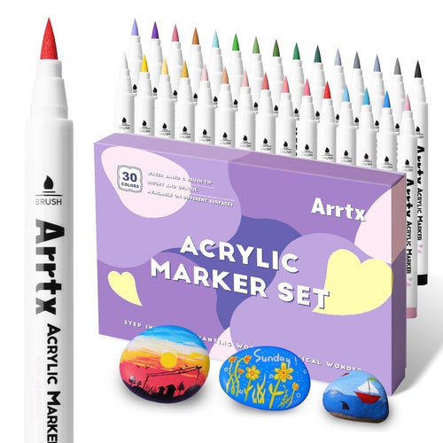 Arrtx 30 Colors Acrylic Paint Pens for Rock Painting, Extra Brush Tip, Water Based Paint Markers for Stone, Craft DIY, Easter Egg, Wood, Glass and More