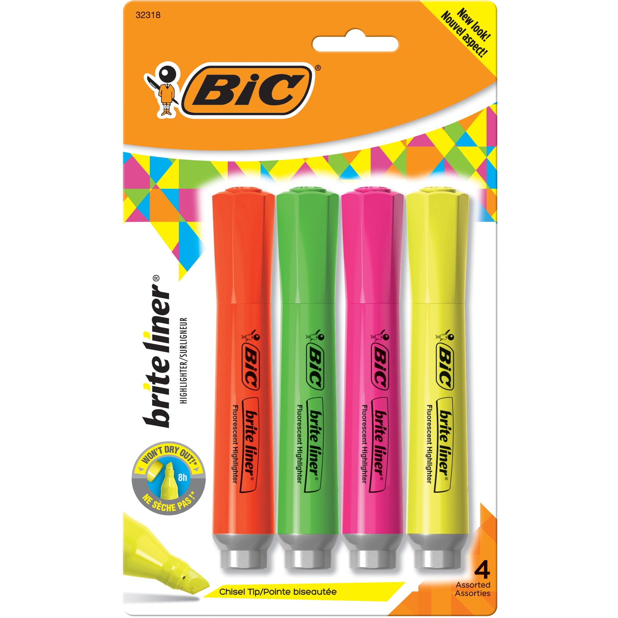 BIC Brite Liner Highlighter, Chisel Point, Assorted Colors, 4 Count