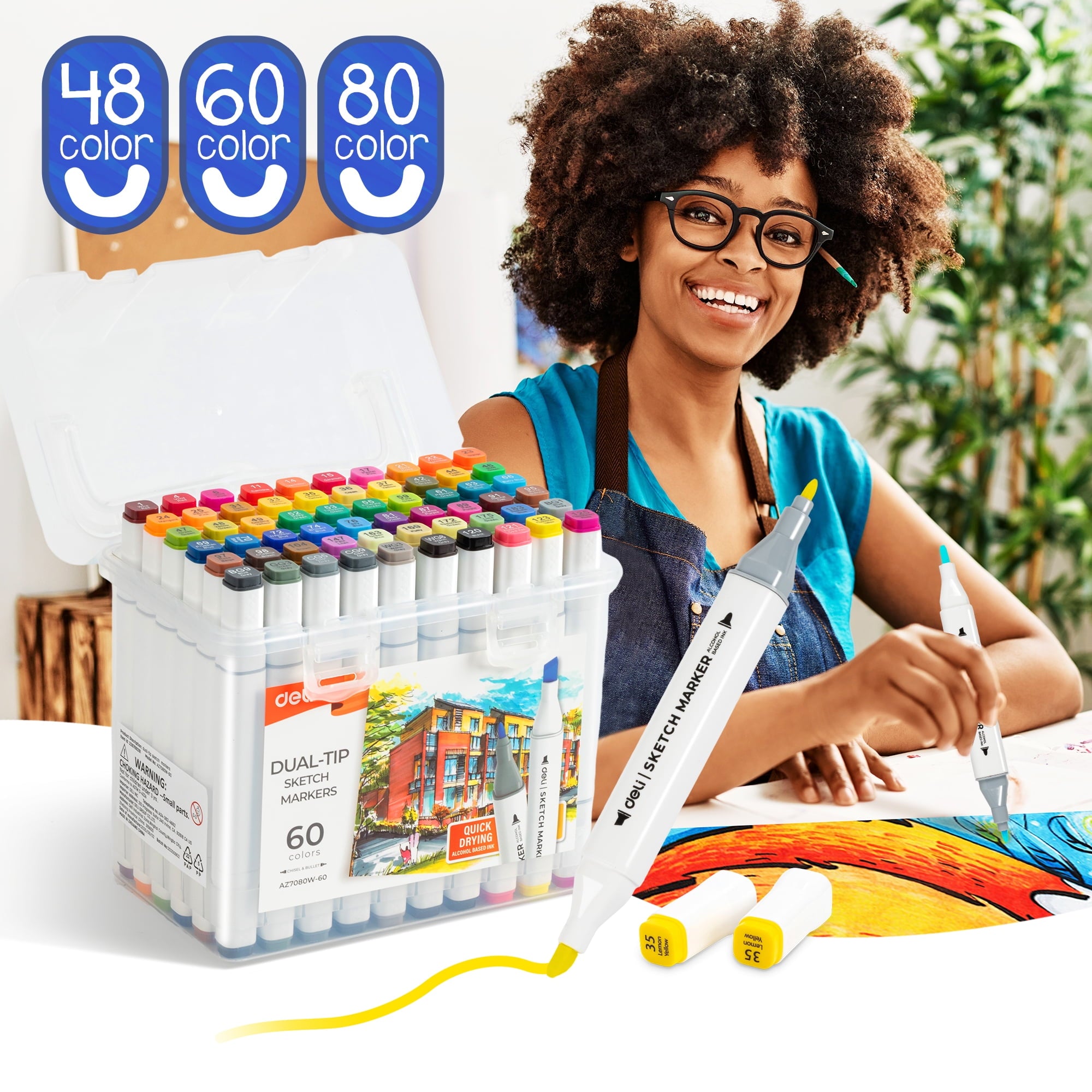 Deli 60 Colors Dual Tip Alcohol Markers, Art Markers Set Art Supplies Permanent Marker with Storage Box