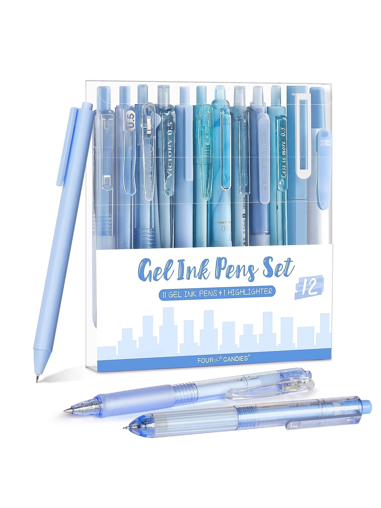 Four Candies Retractable Pink Pen Set, 11Pcs Black Ink Gel Pens(0.5mm), 1Pcs Pink Highlighter, 0.5mm Fine Point for Journaling, Writing and Note-Taking