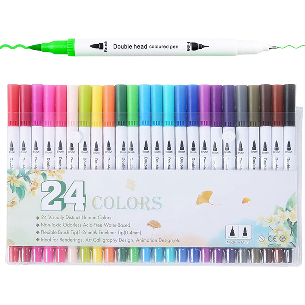Markers for Adult Coloring, 24 Colors Dual Brush Markers Pens, Dual Tip Fine Point Art Markers