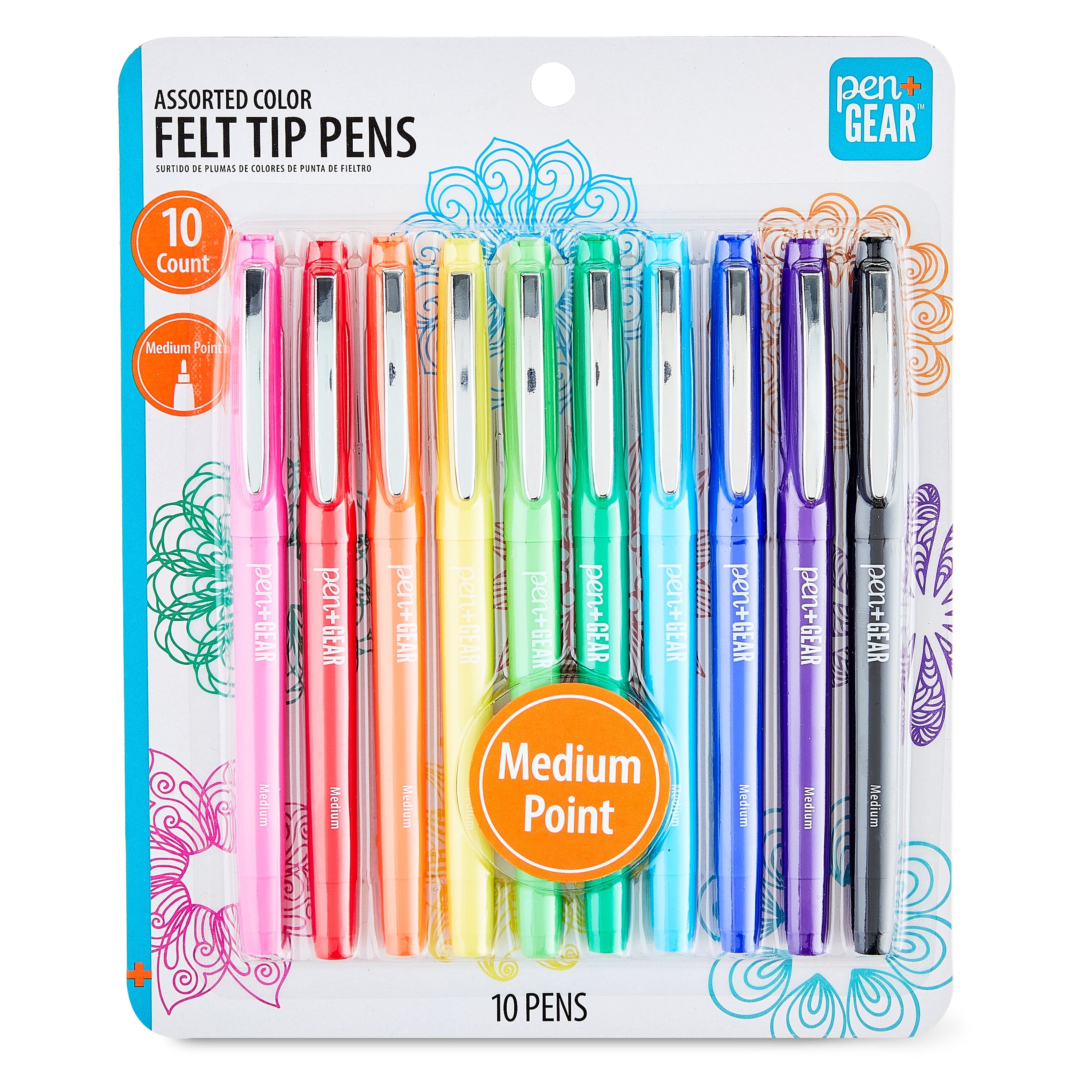 Pen+Gear Felt Tip Markers, Medium Tip, Assorted Colors, 10 Count
