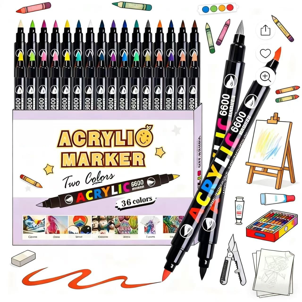 SFBOSF Dual Tip Acrylic Paint Markers Set with Brush Tip, Fine Tip, Assorted Colors, 36 Count