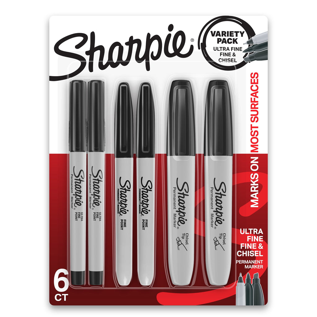 Sharpie Permanent Markers, Multi-Tip Pack, Fine/Ultra Fine/Chisel Tip, Black, 6 Count