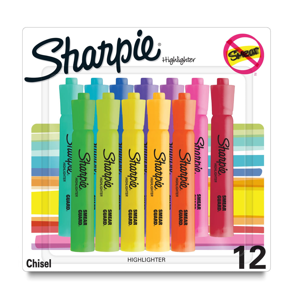 Sharpie Tank Highlighters, Assorted, Chisel Tip, 12 Count