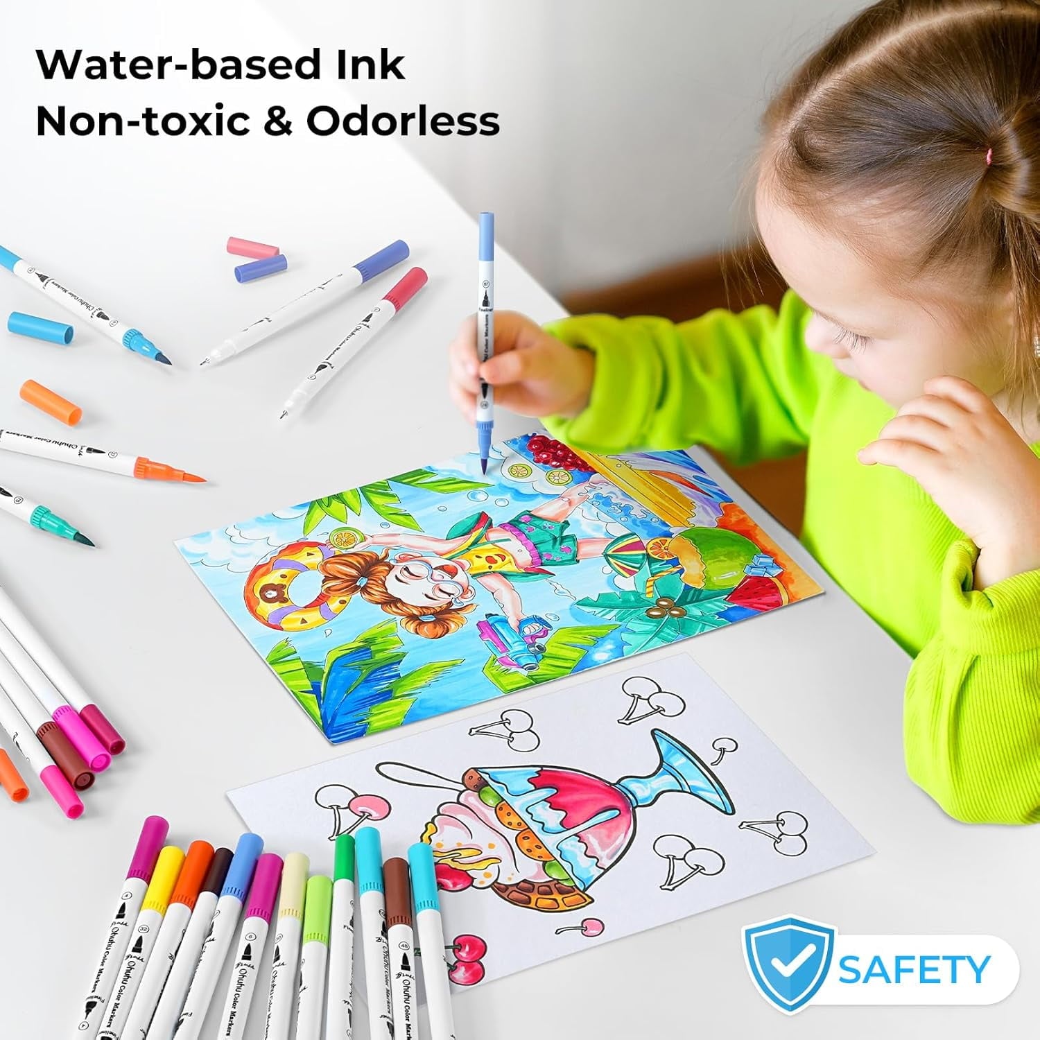 Ohuhu 60-Color Water-Based Markers, Dual Tips (Fineliner & Brush), No Bleeding, for Adults - Maui