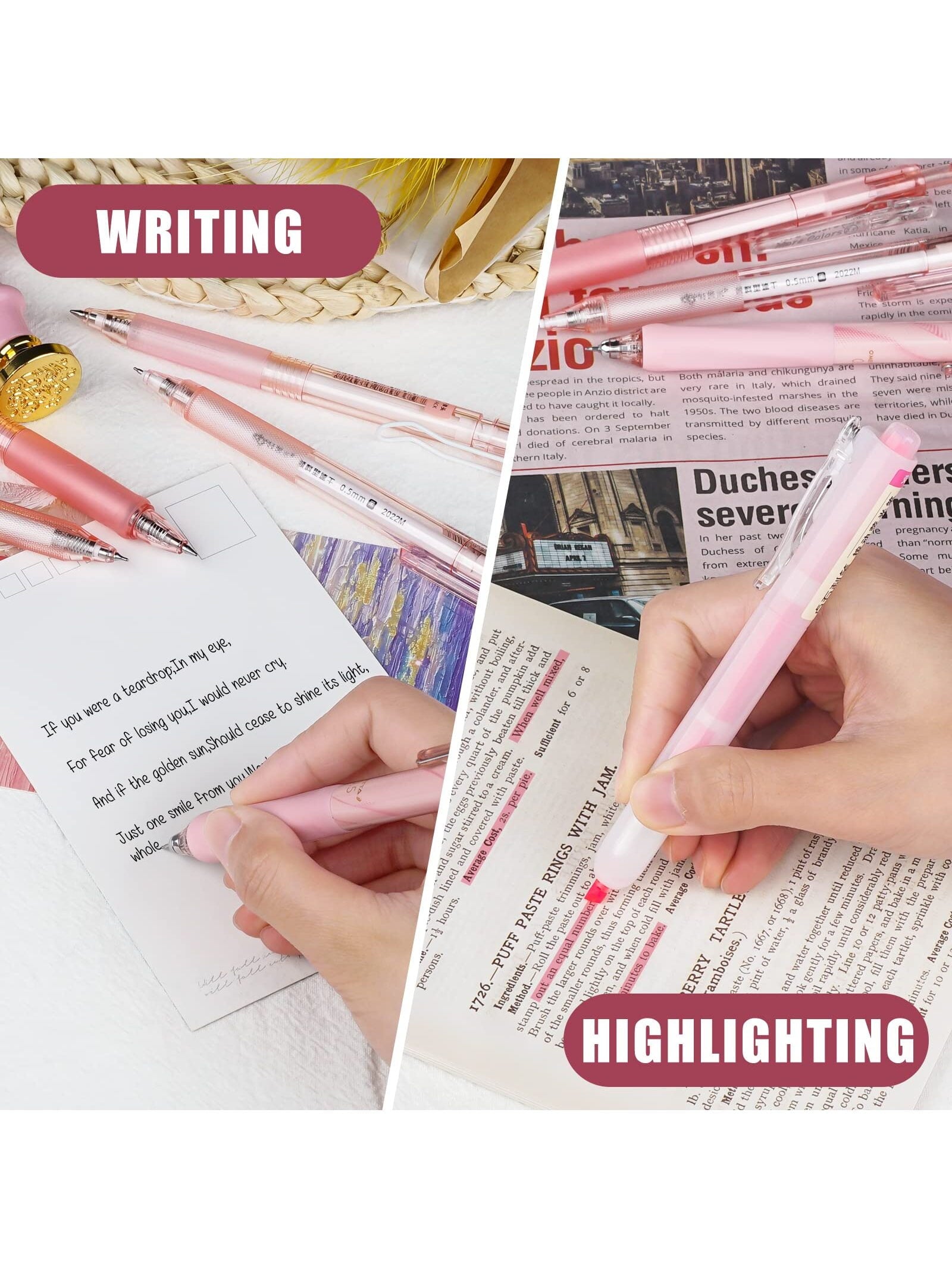 Four Candies Retractable Pink Pen Set, 11Pcs Black Ink Gel Pens(0.5mm), 1Pcs Pink Highlighter, 0.5mm Fine Point for Journaling, Writing and Note-Taking