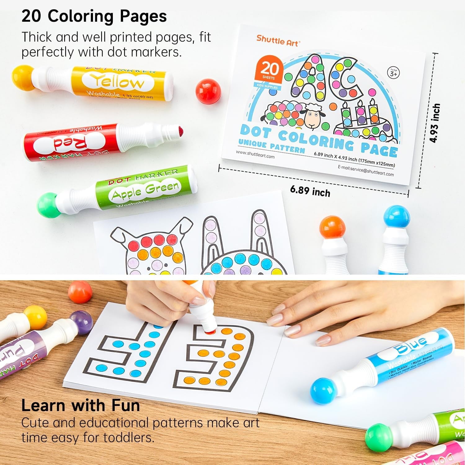 Shuttle Art Dot Makers, 12 Colors Bingo Daubers with 20 Unique Patterns of Dot Book for  Art Activities, Non-Toxic Washable Coloring Markers