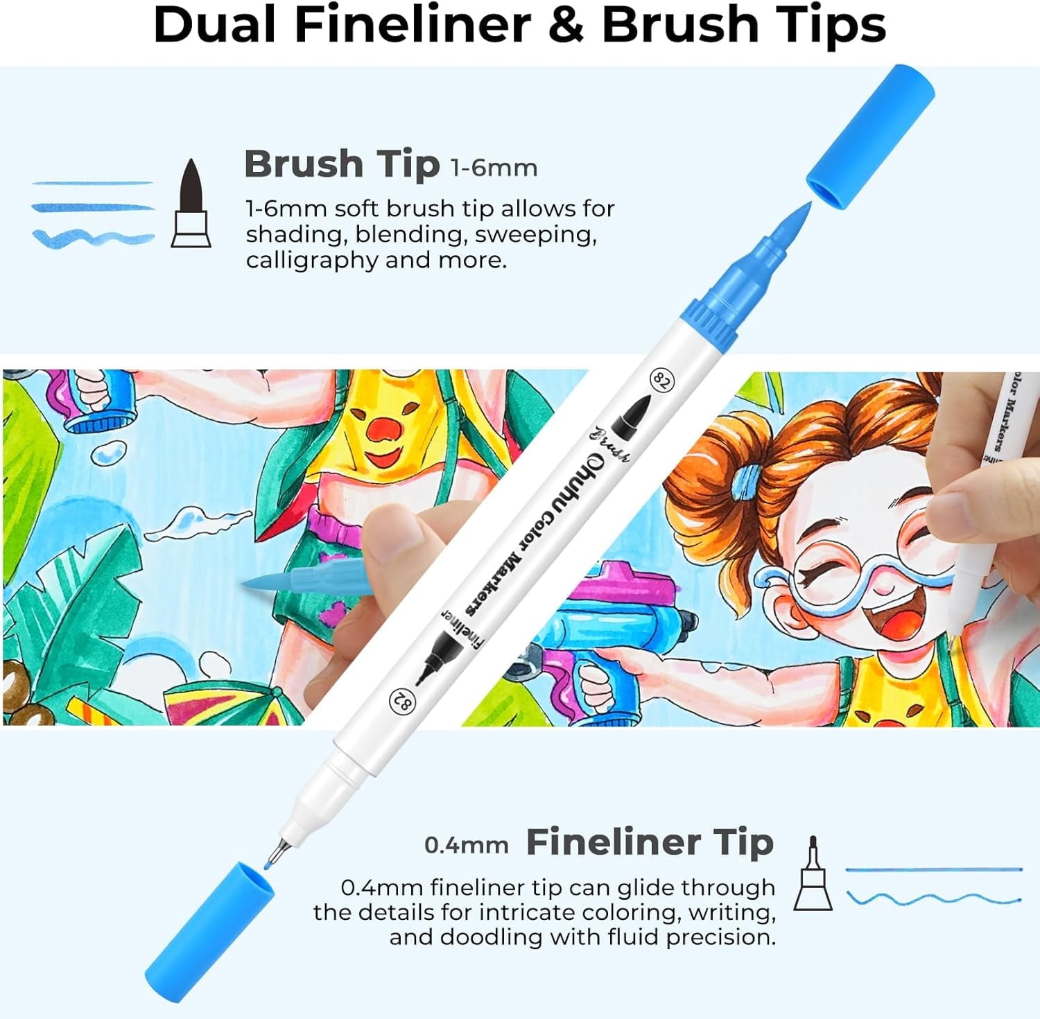 Ohuhu 60-Color Water-Based Markers, Dual Tips (Fineliner & Brush), No Bleeding, for Adults - Maui
